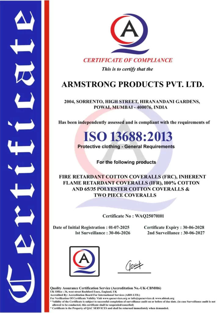 Certificate Of Compliance Protective Clothing - General Requirements ISO 13688:2013
